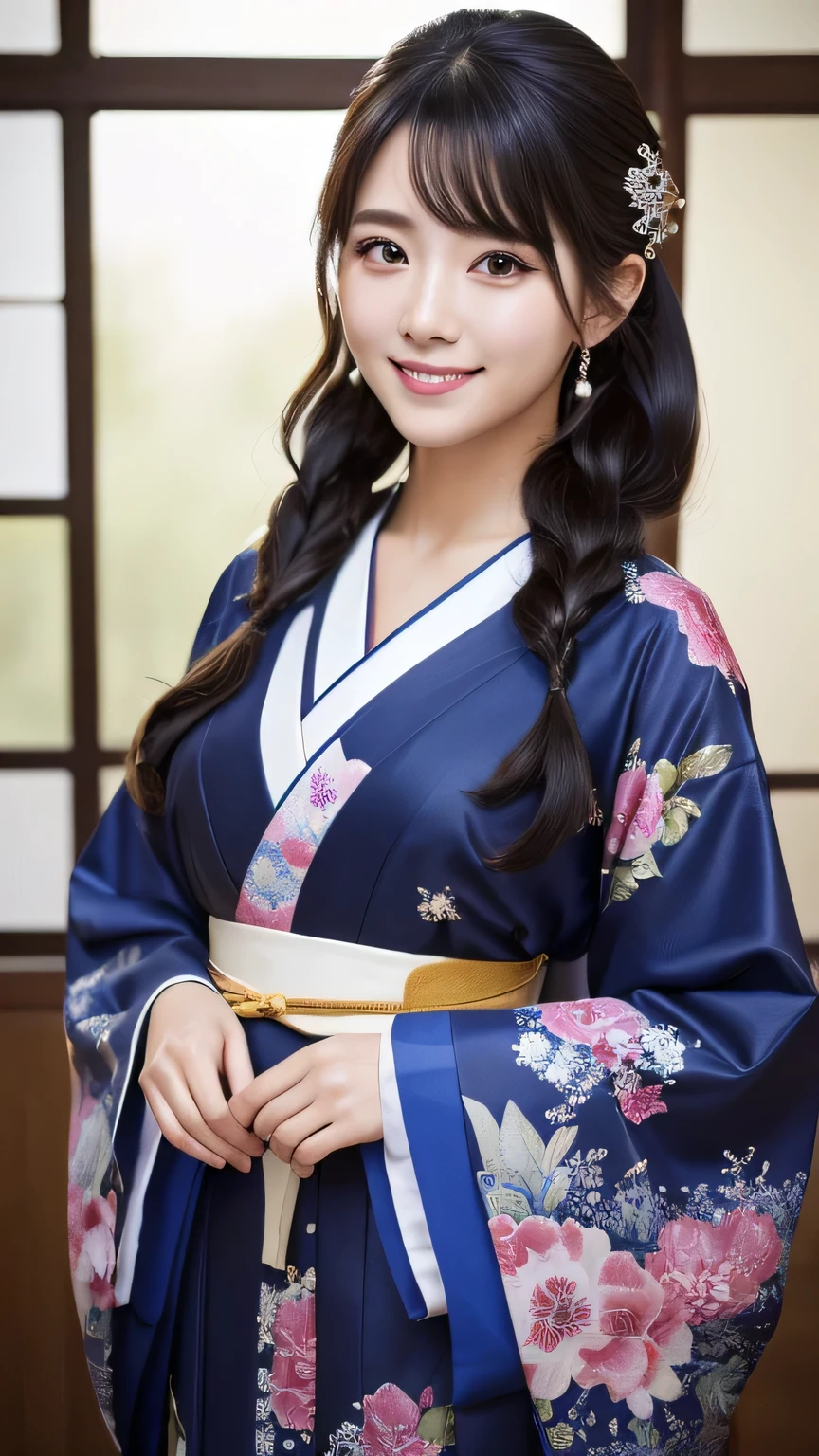 (masterpiece:1.3), (8k, Photorealistic, Raw photo, Best image quality: 1.4), Japanese 、Take a full-body photo，Stylish kimono、Cute costume，Japanese hairstyle，crystal，Natural color lip，(Random Hairstyles:1.2)、Super detailed face、Attention to detail、double eyelid、Sharp focus:1.2、Beautiful woman:1.4、Black hair straight、highest quality、masterpiece、超A high resolution、(Photorealistic:1.4)、Highly detailed and professionally lit smile、