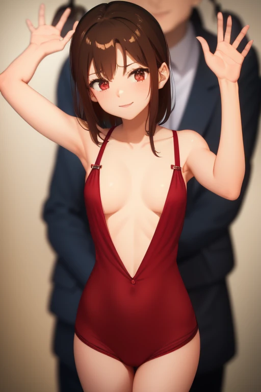 latina woman, For the brunette, Medium Brown Hair, breasts small, dressed in a sexy red short dress and several men, blurred behind looking