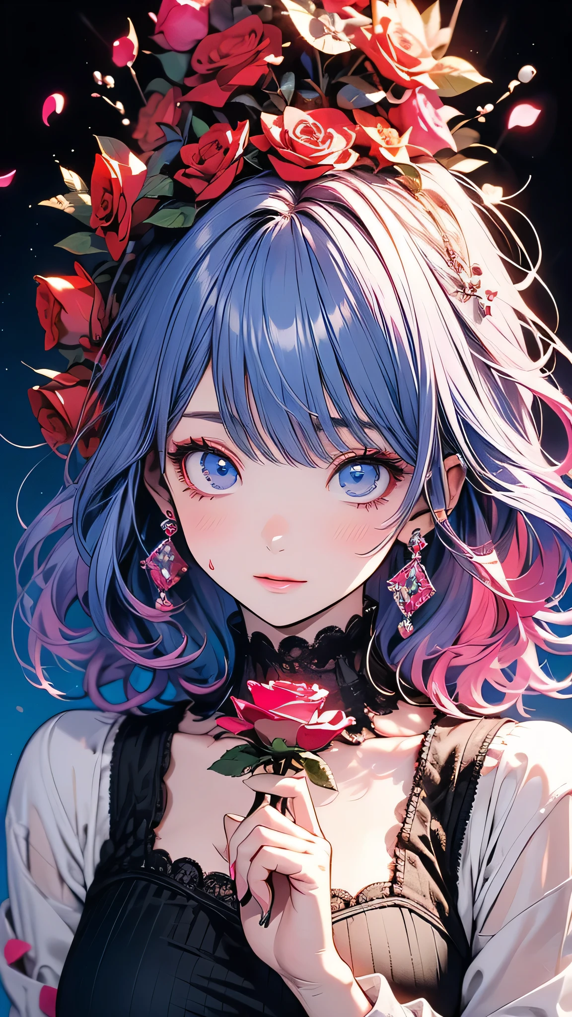 ((masterpiece)), (Highest quality))),Very detailed, Seductive erotic woman sweating, (Very delicate and beautiful face), (Beautiful eyes in every detail),Breasts covered in rose petals, (Big Breasts, pink/Blue Hair), Focus on the face, Focus on the face, Complex eyes,Elaborate decoration,