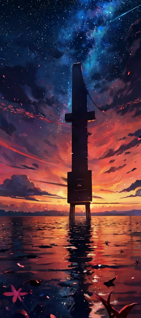  (Zoom out:1.1), (Meteors:1.2), (comet:1.1), yourname, Low - Angle, From behind, Aloura Borealis, shooting star, yukata, Red kimono, cherry blossoms, Standing in the field,Highest quality, masterpiece,  cloud,colorful, Starry sky,performer,