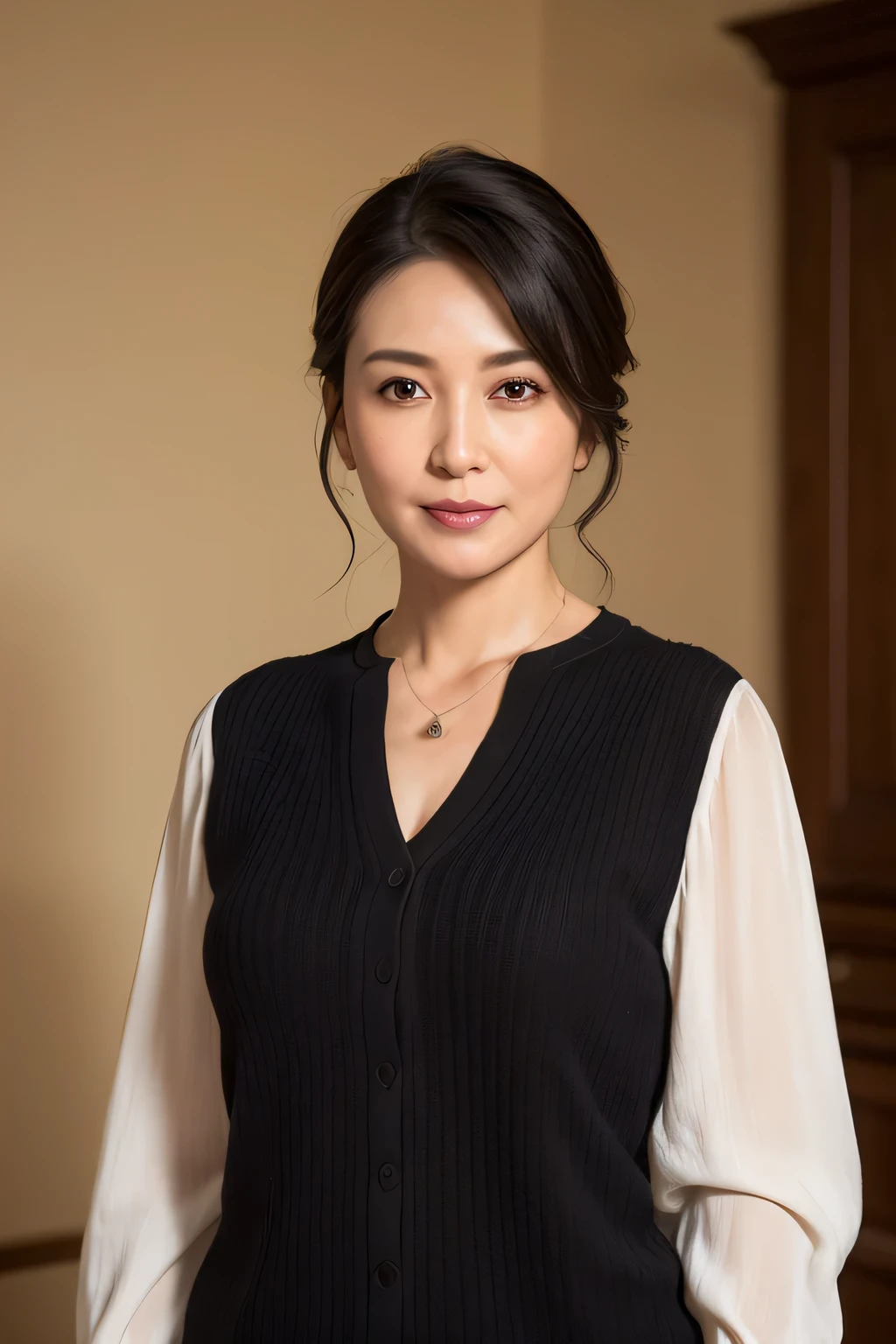 (In 8K, Highest quality, masterpiece:1.2), (Realistic, Photorealistic:1.37), Ultra-detailed, Natural light, , 1 person, 45-year-old woman, Black Hair, pendant, Trendy clothes、Less exposure, Highly detailed face and skin, Detailed eyes, Highly detailed face and skin、Take a full-body photo、color々A pose