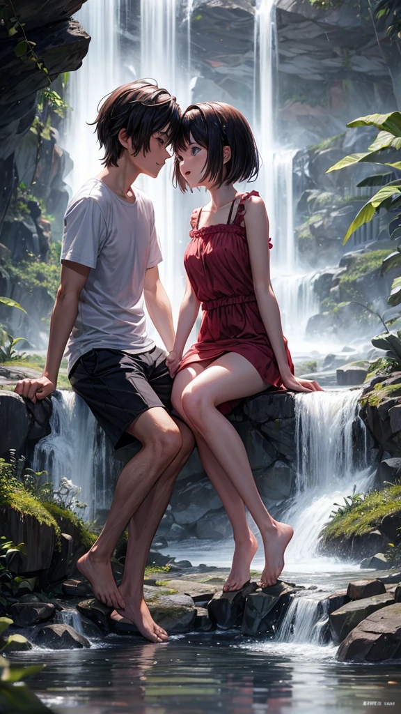 A couple is sitting under a waterfall. The couple is wearing short clothes. It is evening and they are also some animals.