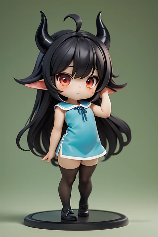 Young Girl,,Wearing a one-piece dress,Mini character,Red eyes,Black Hair,Long Hair,Dark atmosphere,Deformed character,Horns growing,Ahoge,Pale skin,eyes are half closed,Troubled face