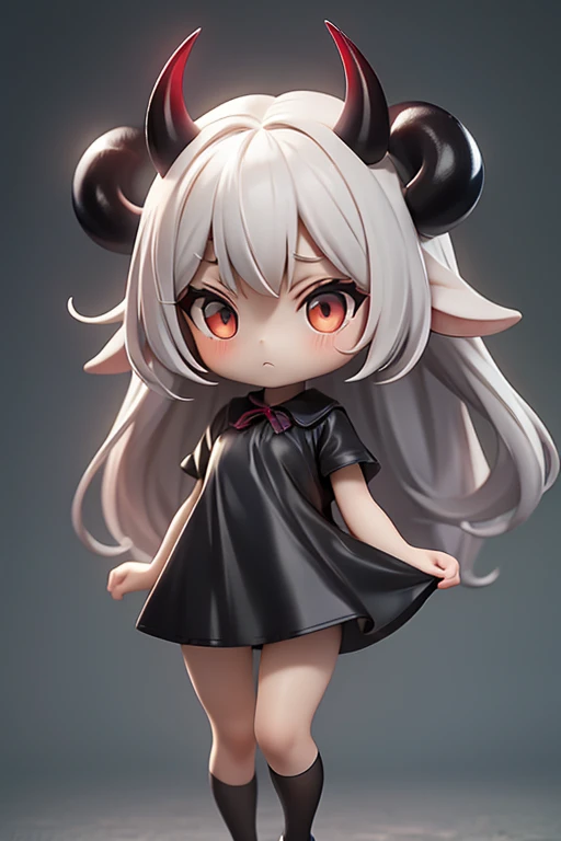 Young Girl,,Wearing a one-piece dress,Mini character,Red eyes,Black Hair,Long Hair,Dark atmosphere,Deformed character,Horns growing,Ahoge,Pale skin,eyes are half closed,Troubled face