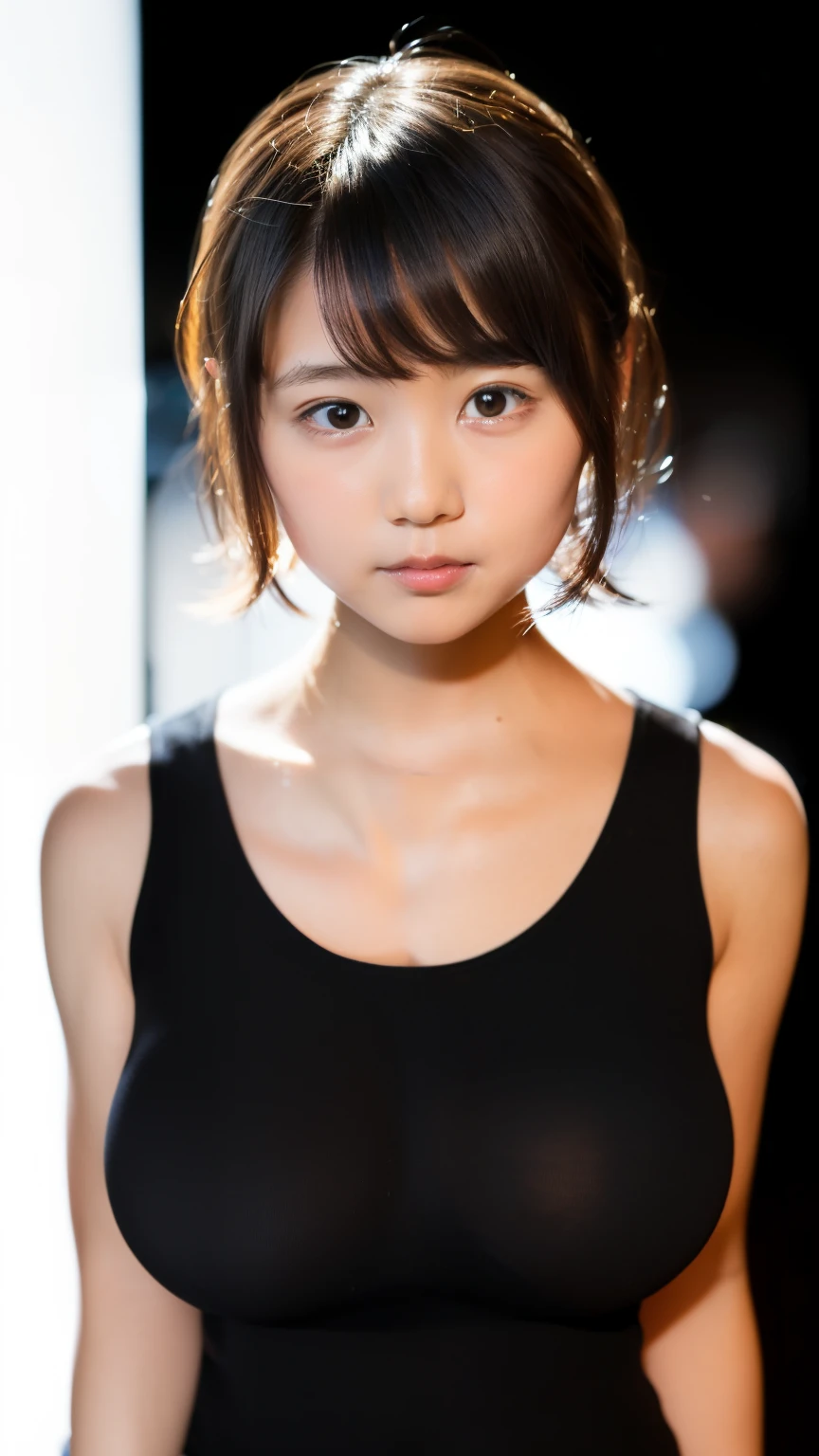(A photo of your face:1.25), 6 , (cute:1.5), (Baby Faceound face:1.8), One Japanese woman, beautiful girl, Pretty face, (Straight Short Hair)、(Big Breasts:1.5), (View your audience), (Standing facing the camera), (smile), (Tank top)、(Black background:1.8)、Mouth closed