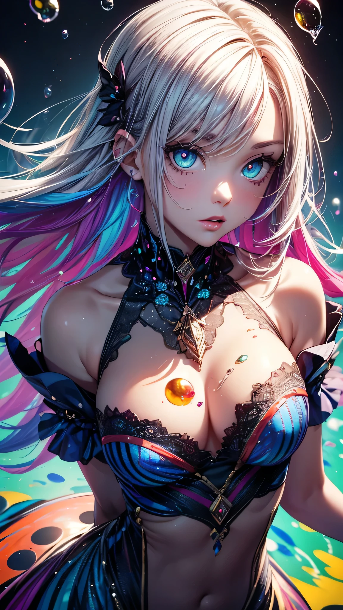 (((masterpiece))),(((Highest quality))),((Very detailed)),(figure),(Dynamic Angle), ((floating)),(paint),((Disheveled Hair)), (alone),(One girl), ((Mid-chest)), (((Detailed anima face))),((Beautifully detailed face)),collar,Exposing shoulders, Gray Hair, ((Colorful Hair)),((Striped Hair)), Beautiful attention to detail,(Gradient color eyes),(((Colorful eyes))), (((Colorful background))),(((High saturation))),(((Surrounded by colorful splashes))),(((Surrounded by colorful dots))),Colorful Bubbles,((The Shining))