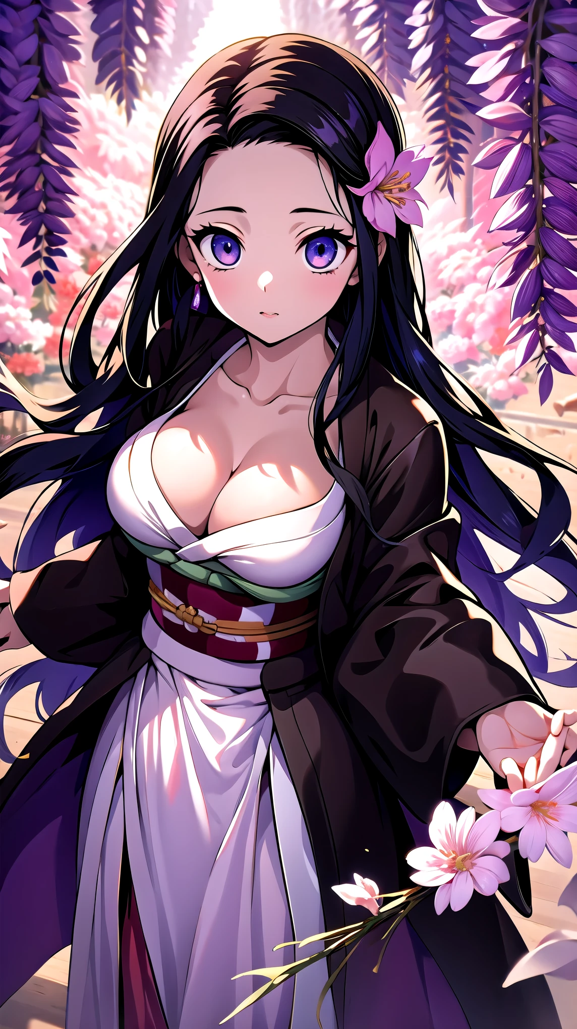 (Highest quality),(masterpiece), 8k,Very detailed, Detailed light, Best Shadow,Detailed reflective eyes, Beautiful Eyes, Very detailedな顔,Shiny Hair,sexy,Big Breasts,Charm,One person,Gloss,nezuko,Demon slayer,kimono,Black Hair,Wisteria flower,Charm,Expressionless,looking at the camera,Standing posture,Glowing Eyes,From above,night,