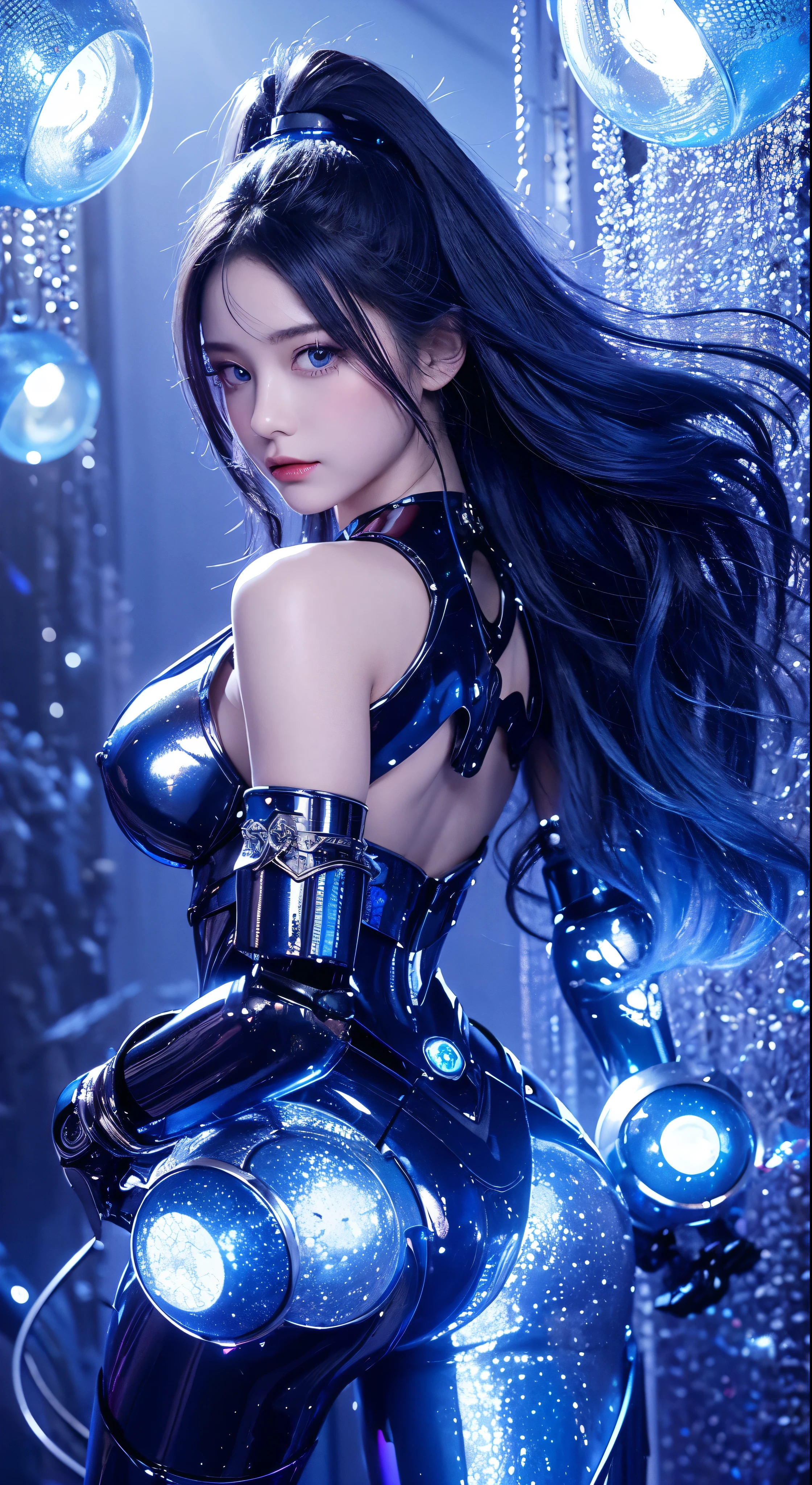 with high definition images，Studio Photo、Beautiful robot standing alone blue enamel bell and metal woman、Strange fantasy images、Strange glowing rocks、beautifully、In detail、Long flowing hair、Medium Breast、Great skin texture，Facial details，　Big rocky planet