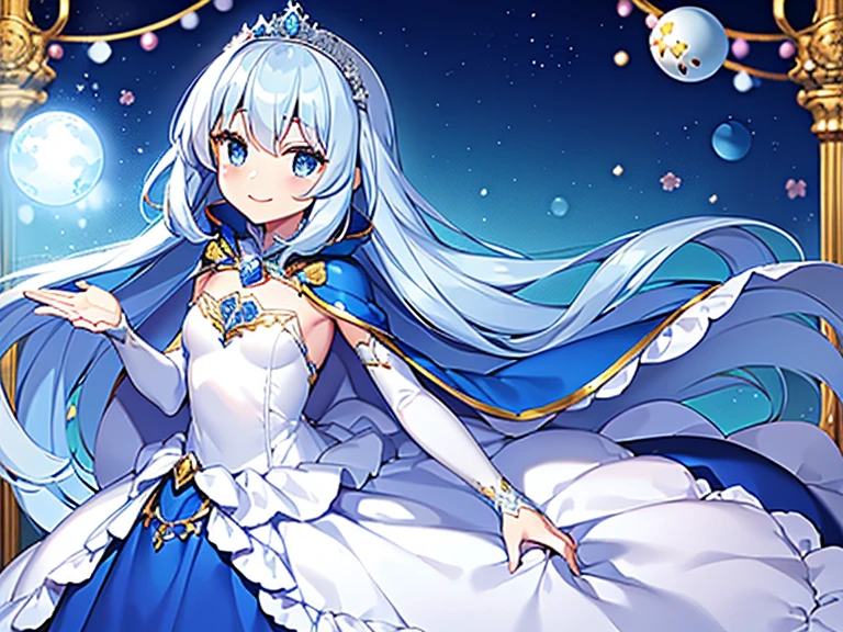 best quality,(long train blue cape:1.15),(long train white ball gown with floral decoration:1.15), a girl is wearing a cape over her dress, anime style, rococo style, little princess, tiara, kind smile, very long hair, small breast, perfect fingers, masterpiece