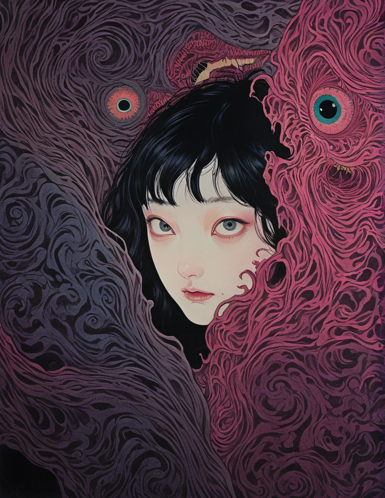 An illustration、art、70s horror movie posters, Supervised by Junji Ito、High detail, Realistic Shadows、Analog Style, chromatic aberration, Surrealism、Complementary Gradient