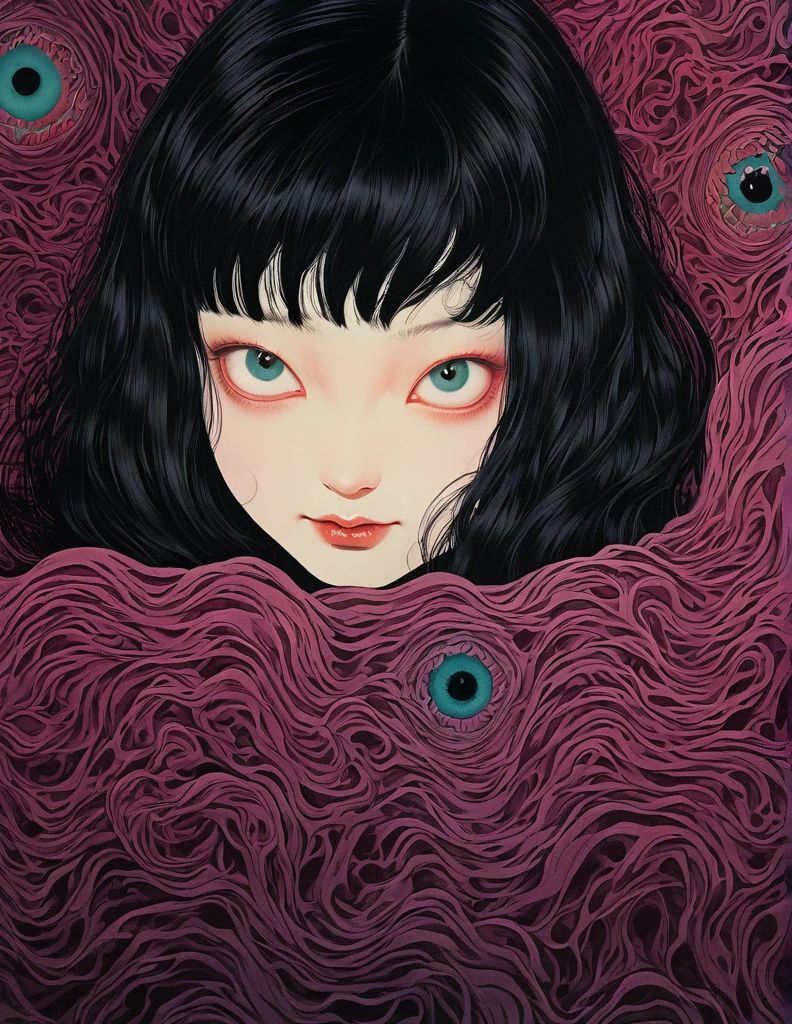 An illustration、art、70s horror movie posters, Supervised by Junji Ito、High detail, Realistic Shadows、Analog Style, chromatic aberration, Surrealism、Complementary Gradient