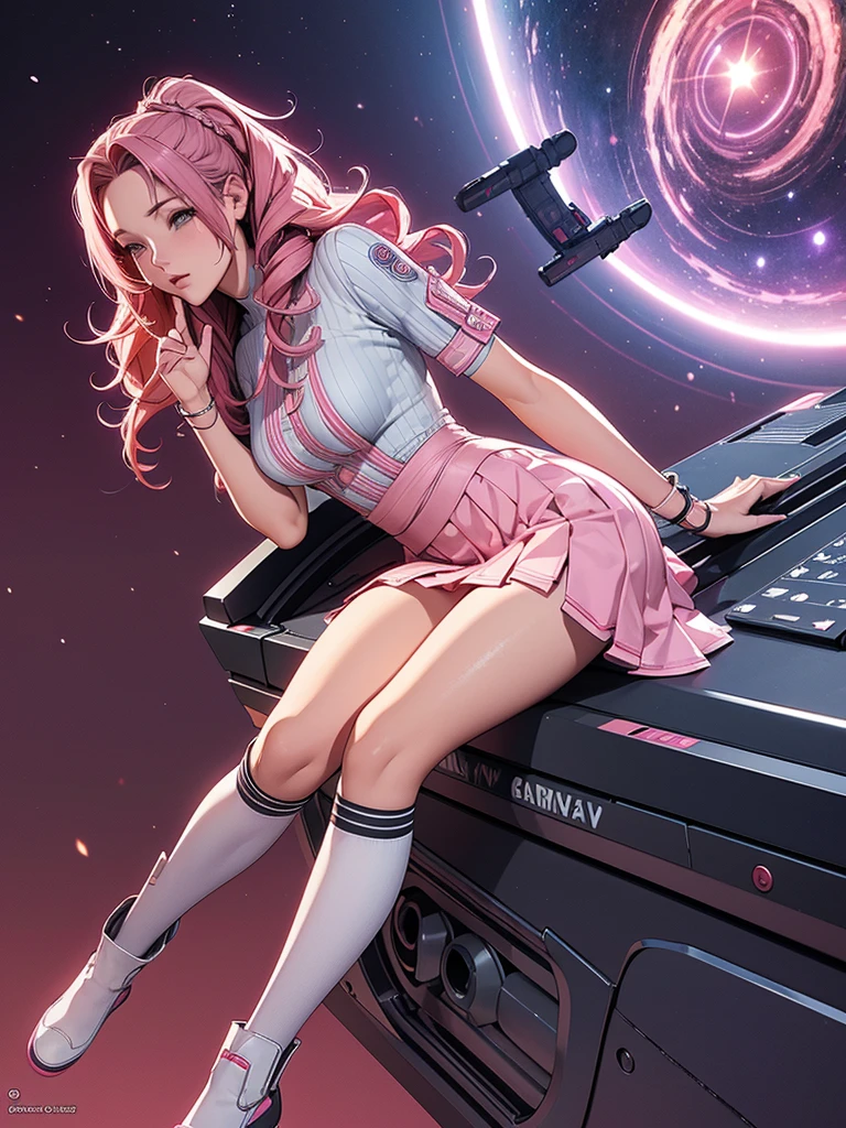 High resolution, Highest quality, masterpiece, Very high quality, Very detailed, Surreal, 3d, anime, An illustration, Fantasy, Hard Rock Girl, So beautiful and cute, Pink wavy hair, Side braid, mini skirt, Knee-high socks, Engineer boot, background cyberpunk city galaxy