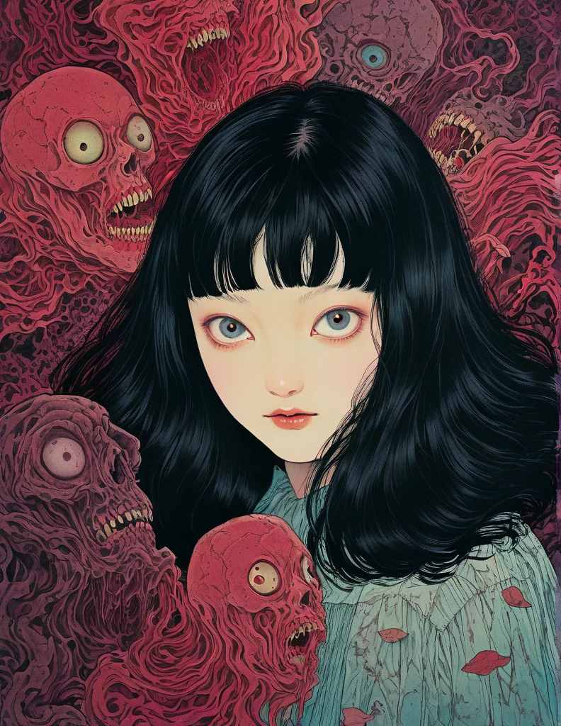 An illustration、art、70s horror movie posters, Supervised by Junji Ito、High detail, Realistic Shadows、Analog Style, chromatic aberration, Surrealism、Complementary Gradient