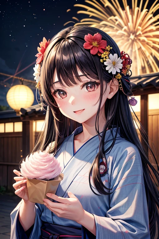 One adult woman,Small ,Black Hair,Medium Long,flower_hair ornaments,Dark brown eyes,light blue_yukata,flower柄_yukata,night,firework,blush,A big smile,Have cotton candy