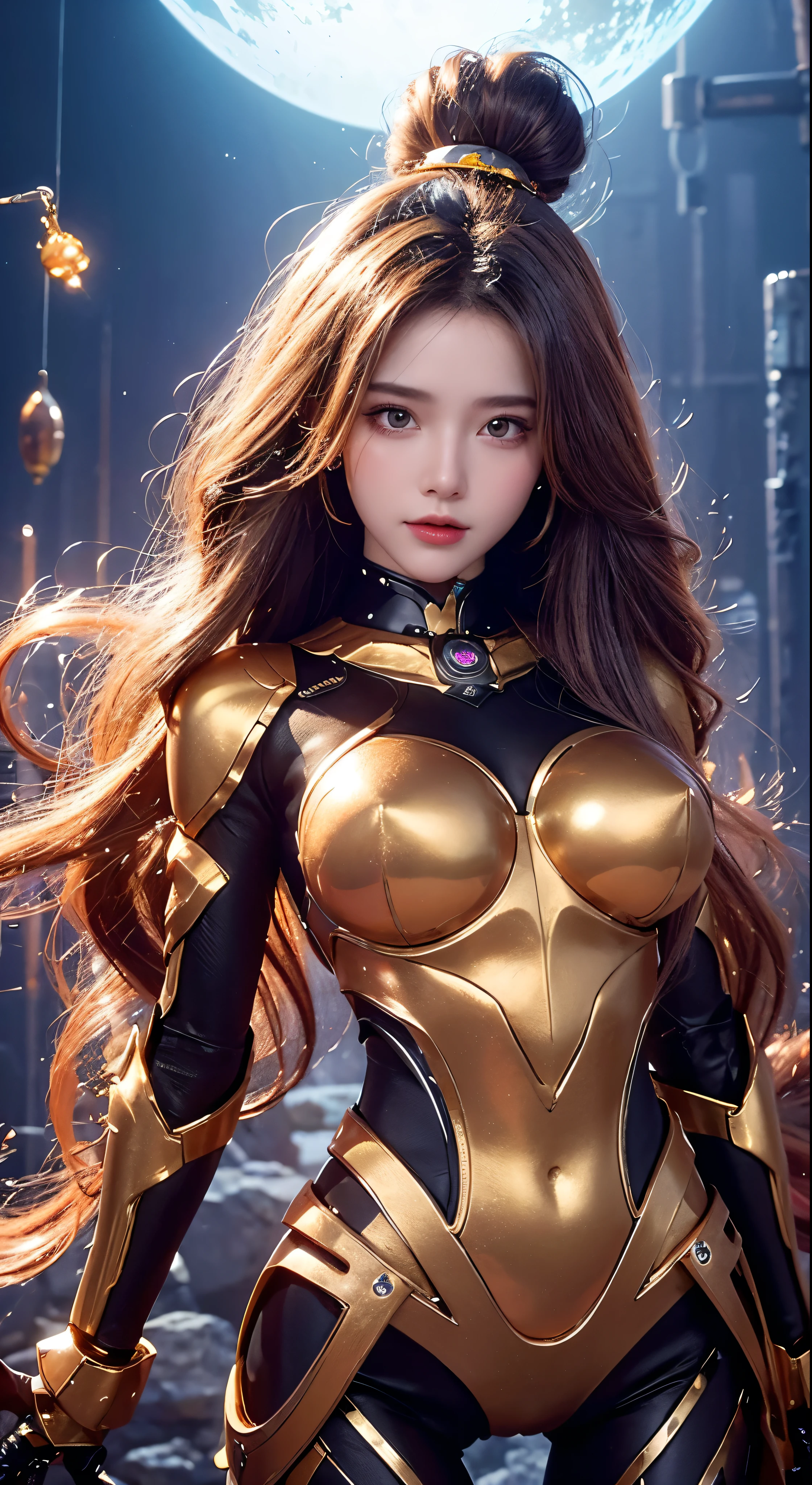 with high definition images，Studio Photo、Beautiful robot golden bell and metal woman standing alone、Strange fantasy images、Strange glowing rocks、beautifully、In detail、Long flowing hair、Medium Breast、Great skin texture，Facial details，Big rocky planet