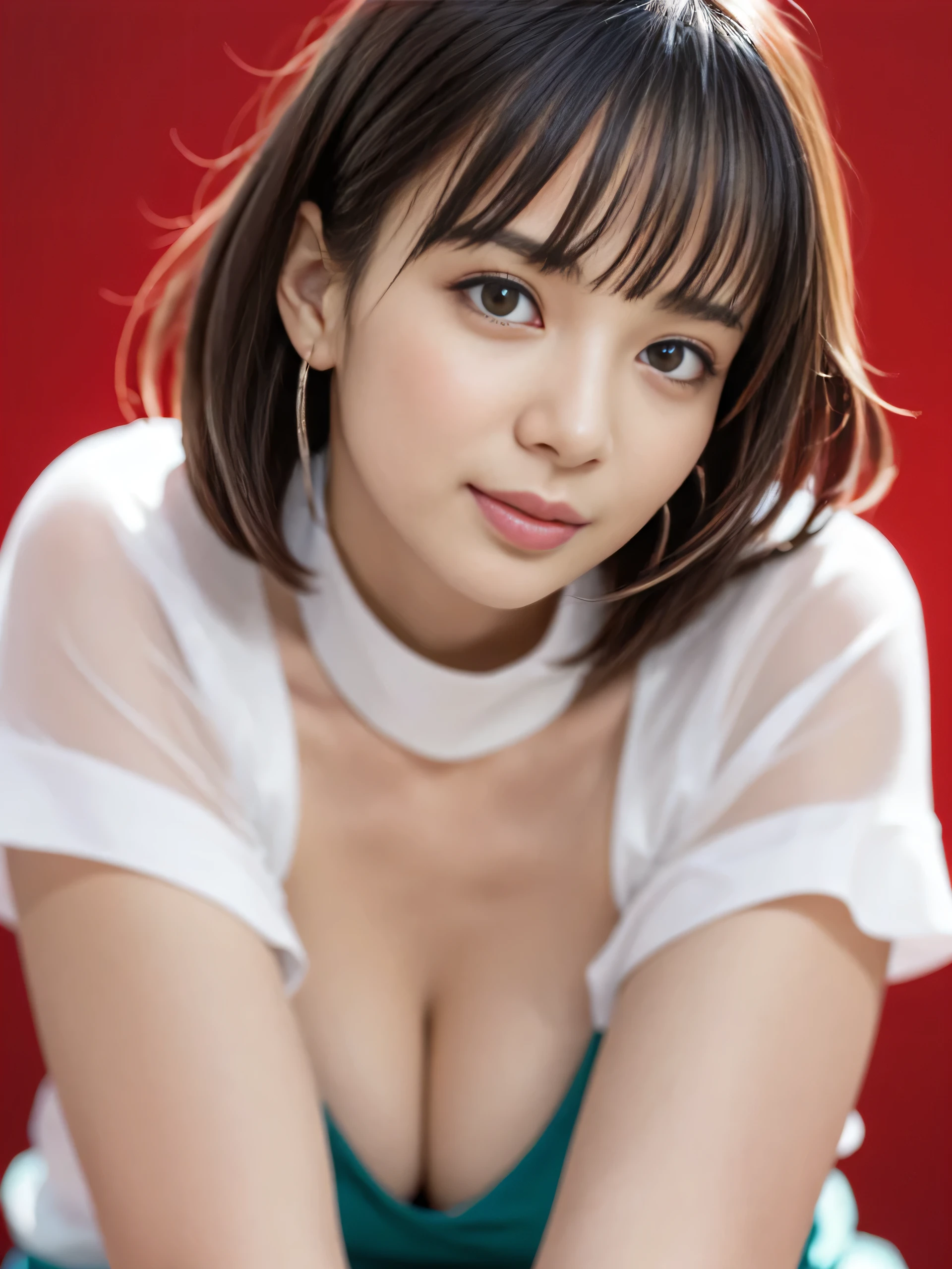 (Detailed face),((Between the legs)),Large Breasts,cute,Grey silk turtleneck dress,4K,Ultra-high resolution,(Realistic:1.7),Red background,