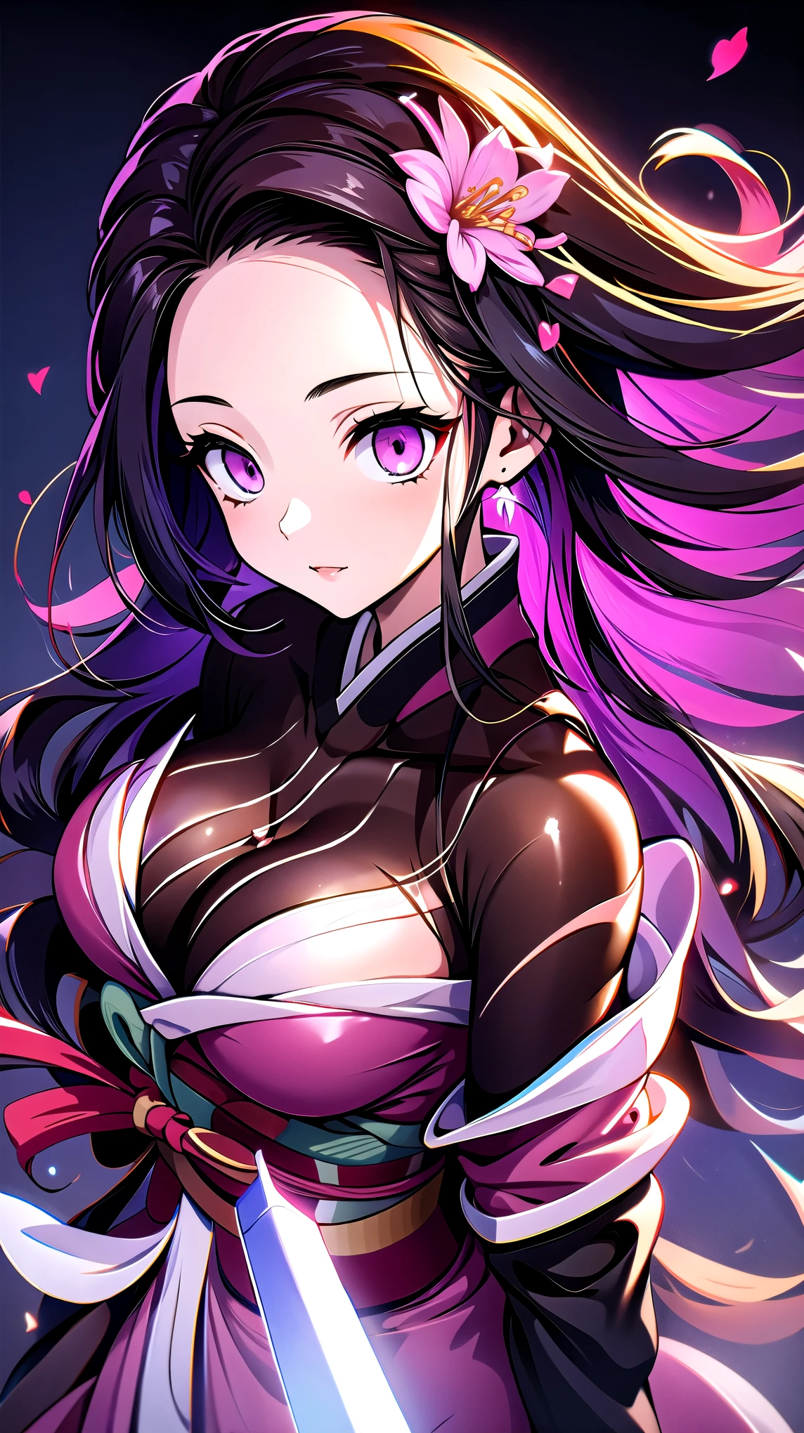 (Highest quality),(masterpiece), 8k,Very detailed, Detailed light, Best Shadow,Detailed reflective eyes, Beautiful Eyes, Very detailedな顔,Shiny Hair,sexy,Big Breasts,Charm,One person,Gloss,nezuko,Demon slayer,kimono,Black Hair,Wisteria flower,Charm,Expressionless,looking at the camera,Standing posture,Glowing Eyes,From above,night,