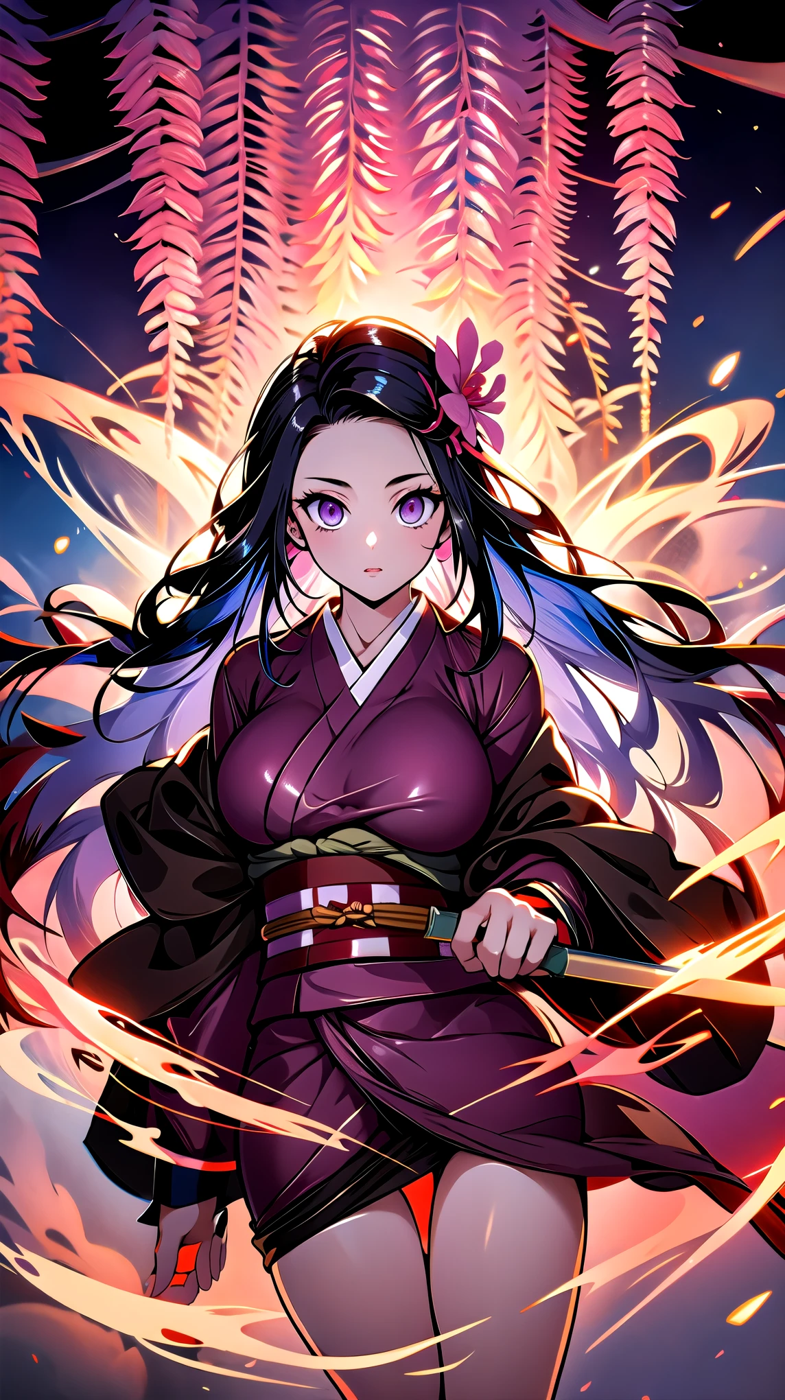(Highest quality),(masterpiece), 8k,Very detailed, Detailed light, Best Shadow,Detailed reflective eyes, Beautiful Eyes, Very detailedな顔,Shiny Hair,sexy,Big Breasts,Charm,One person,Gloss,nezuko,Demon slayer,kimono,Black Hair,Wisteria flower,Charm,Expressionless,looking at the camera,Standing posture,Glowing Eyes,From above,night,