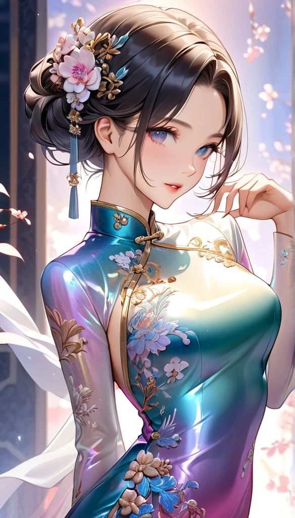 best quality, incredibly absurdres, extremely detailed, 2.5D, delicate and dynamic, beautiful woman, intelligent cool beauty, captivating look, tight up hair, wearing iridescent gradient sleeved cheongsam features intricate and luxurious embroidery, shiny satin fabric, accessories, superlative body proportion, gorgeous and gorgeous effects, background aristocratic social setting
