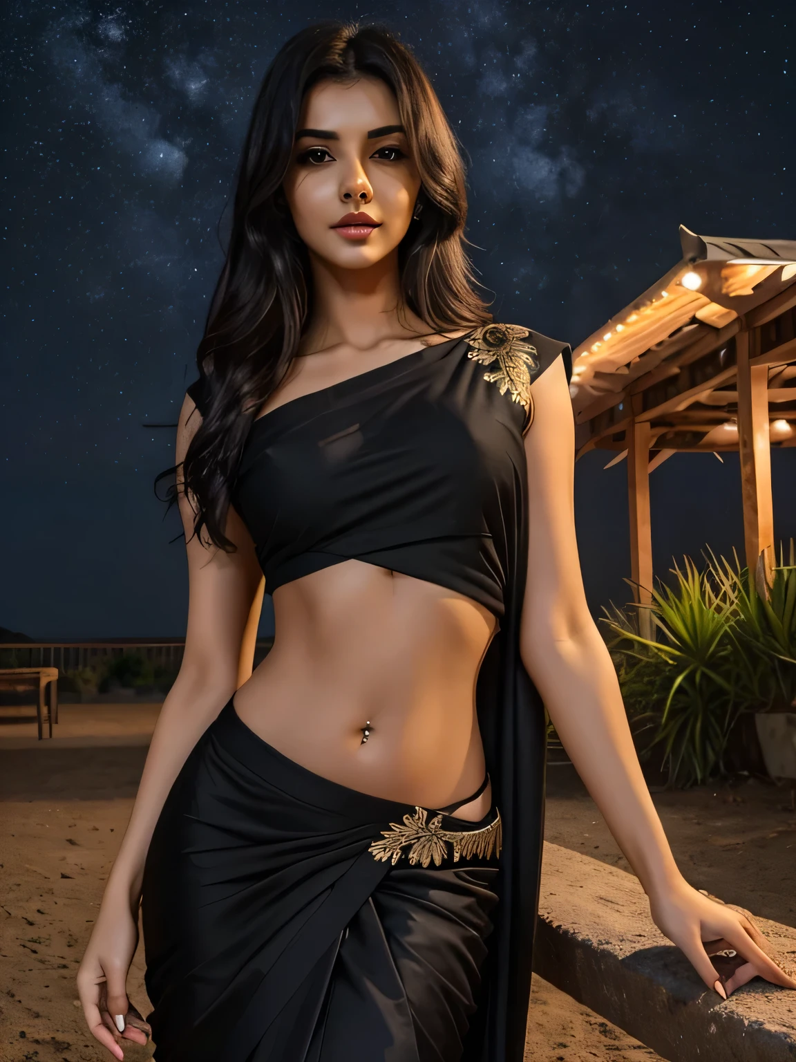 sexiest and hottest girl ever exist,hot seductive face,in sucha cute sexy black saree outfits,visible hot deep navel,sexy curves,dark hair,glommy nature,beautiful dark Sky,sexy,  clothes,sex godess
