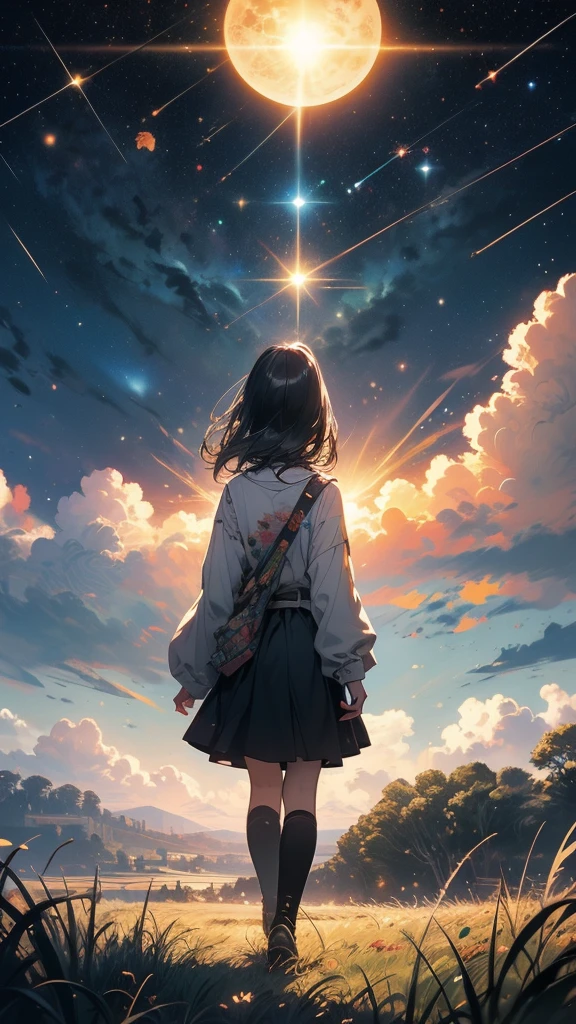 (((masterpiece))),(((Highest quality))),((Very detailed)),Rear view, Looking at the Sun, 空にはuniverse船がある, three suns, Black Hair Girl, -yeld gi Standing in the grassland, landscape, universe, 8k, Super Detail,(Stand 20 meters away),