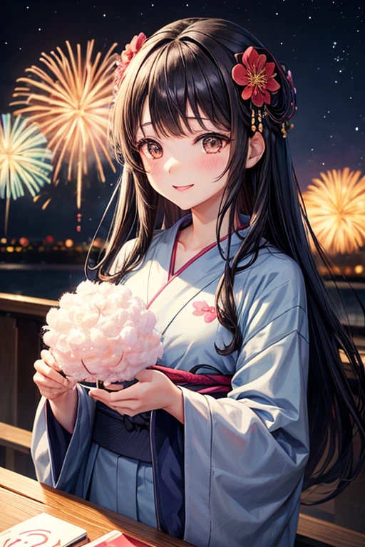 One adult woman,Small ,Black Hair,Medium Long,flower_hair ornaments,Dark brown eyes,light blue_yukata,flower柄_yukata,night,firework,blush,A big smile,Holding fluffy cotton candy