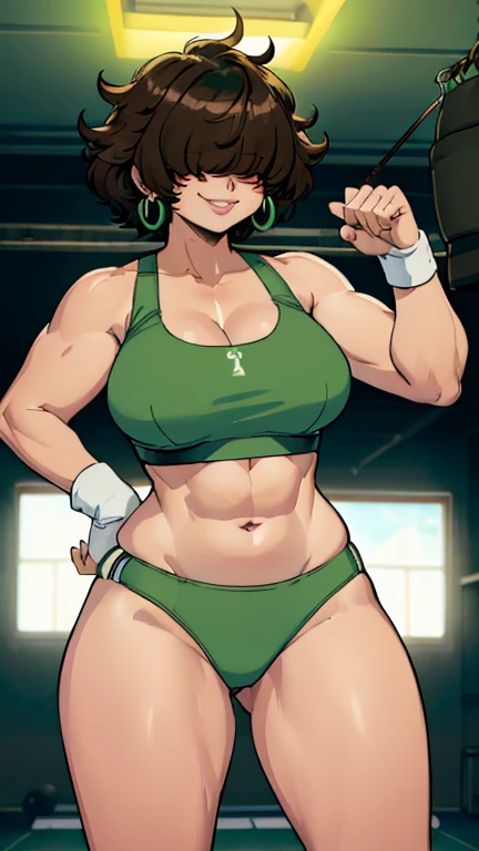 By bebebebebe ,High quality,Female ,((,hair covering eyes,fluffy hair,short hair,Confident smile,(breasts),solo,lights brown hair,toned, ,green EarrIngs,5 Fingers,muscular,chubby,short,gray gym bra,boxing gym,Tennis