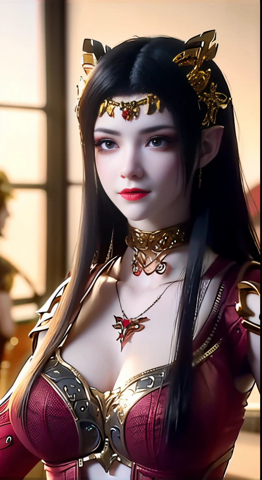 Lady Alafay in red and gold poses for a photo, beautiful and elegant Fairy Queen, Beautiful fantasy queen, alluring Elf Princess knight, portrait of an Fairy Queen, Very beautiful elf top model, Elf Princess, 美丽的Elf Princess, an Fairy Queen, Fairy Queen, Beautiful and elegant female elf, ((Beautiful fantasy queen)) Long legs,Pants side split,Red exquisite high heels