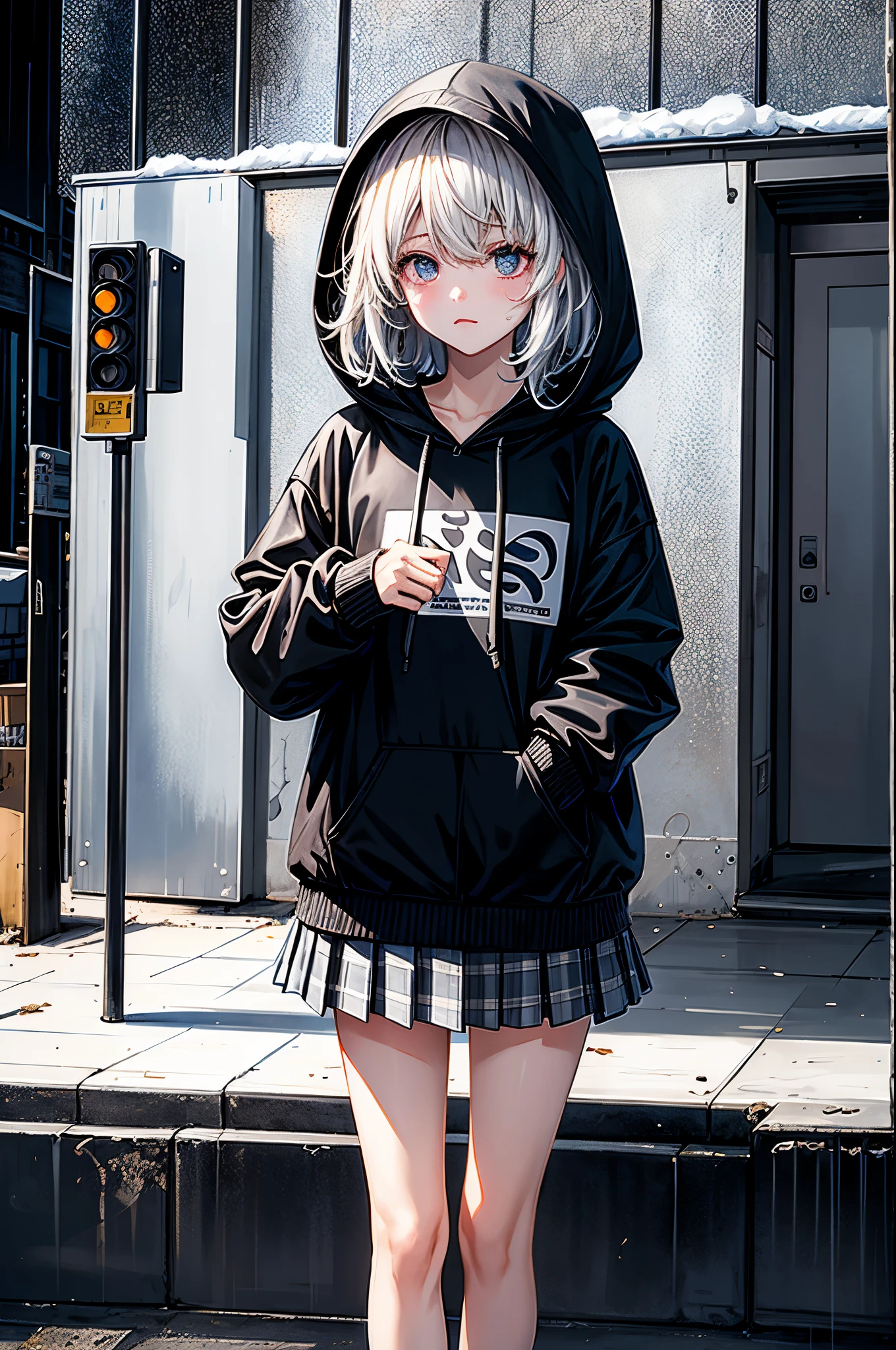 （tmasterpiece，best qualtiy：1.3），extremly high detail，complex，8k，独奏，Clear eyes，The expression is sad，the wallpaper，cinmatic lighting，hoody， Short pleated skirt， the street， exteriors，heavy rain， neonlight