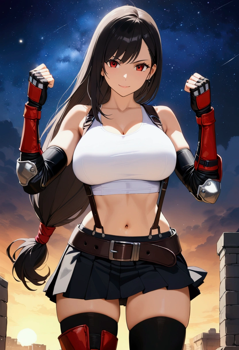 score_9,score_8_up,score_7_up,BREAK source_anime, masterpiece, best quality, (recent), perfect anatomy, very aesthetic,photorealistic, mediumshot,Solo,1girl, tifa lockhart, final fantasy,black hair, low-tied long hair, red eyes, bangs, (white tank top,gap),(High exposure),the ribs,,(belt, pleated skirt, thighhighs, elbow fingerless gloves, elbow pads, midriff, navel,suspenders.skirt),beautiful waist ,(large_breast:1.3),light smile,fist,fighting ,,outdoor,star sky,night, skin tight, looking at viewer, depth of field、beautifully lit,great lighting