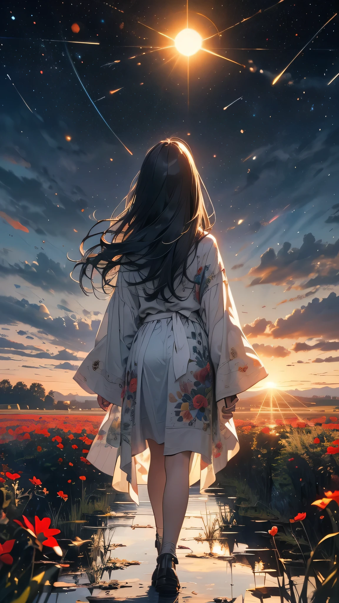 (((masterpiece))),(((Highest quality))),((Very detailed)),Rear view, Looking at the Sun, 空にはuniverse船がある, three suns, Black Hair Girl, , Standing in the grassland, landscape, universe, 8k, Super Detail,(Stand 20 meters away),