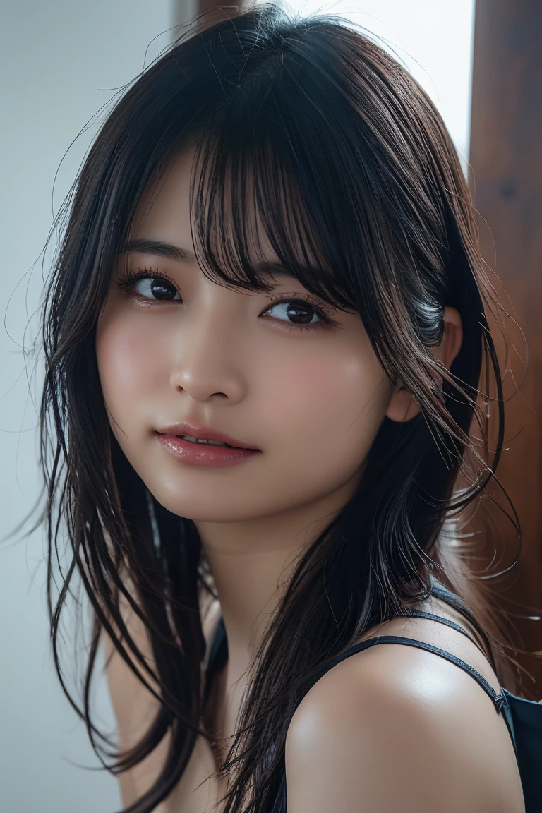 Close-up of a woman with long hair and a black bra top, Big Headshot Portrait,photo of Asian woman who is around 55 years old and has some wrinkles around the corners of her eyes, but her skin has a youthful, gorgeous, and beautiful radiance,half closed eyes:1.3, squinting