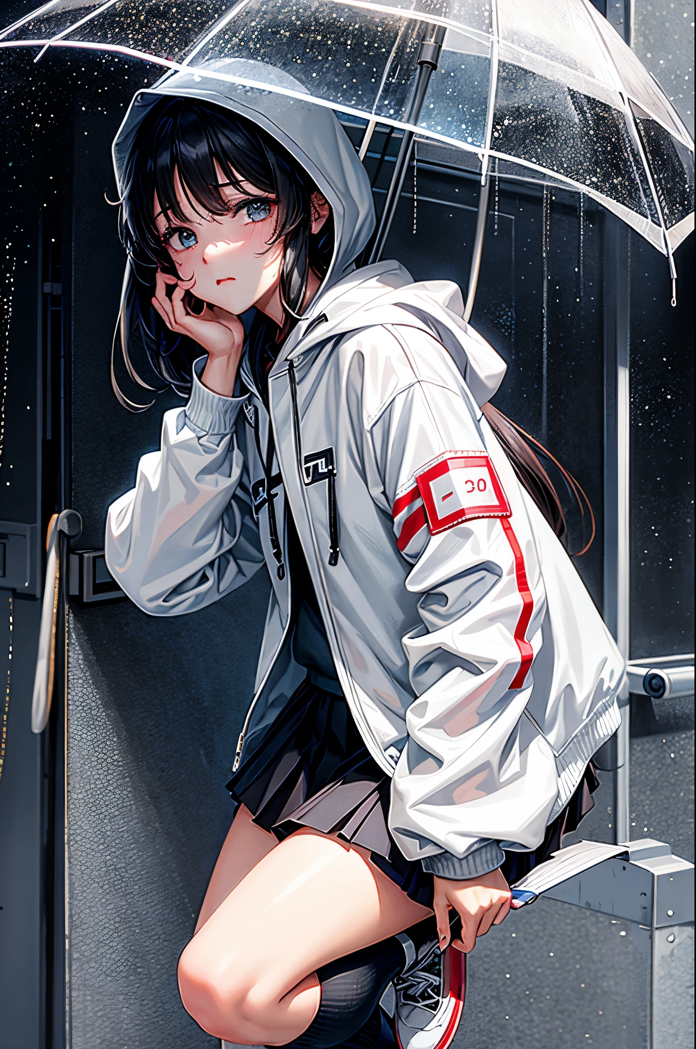 （tmasterpiece，best qualtiy：1.3），extremly high detail，complex，8k，独奏，Clear eyes，The expression is sad，the wallpaper，cinmatic lighting，hoody， Short pleated skirt， the street， exteriors，heavy rain， neonlight