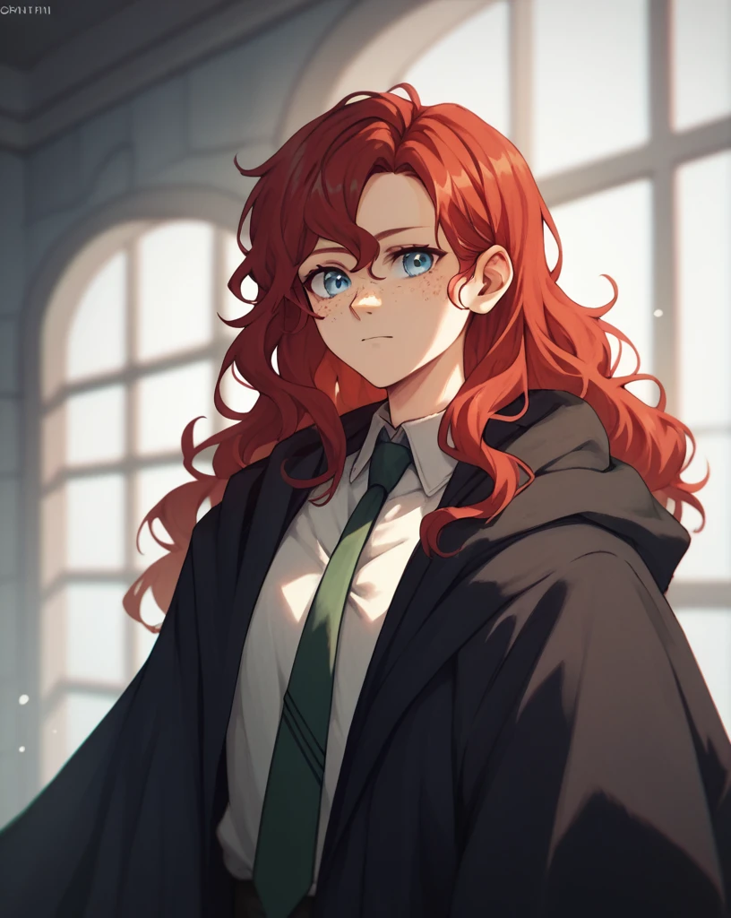 score_9, score_8_up, score_7_up,
1girl, solo, red hair, light blue eyes, black pantyhose, upper body, closeup, big chest, cloak, slytherin, long hair, wavy hair, green and silver tie, freckles