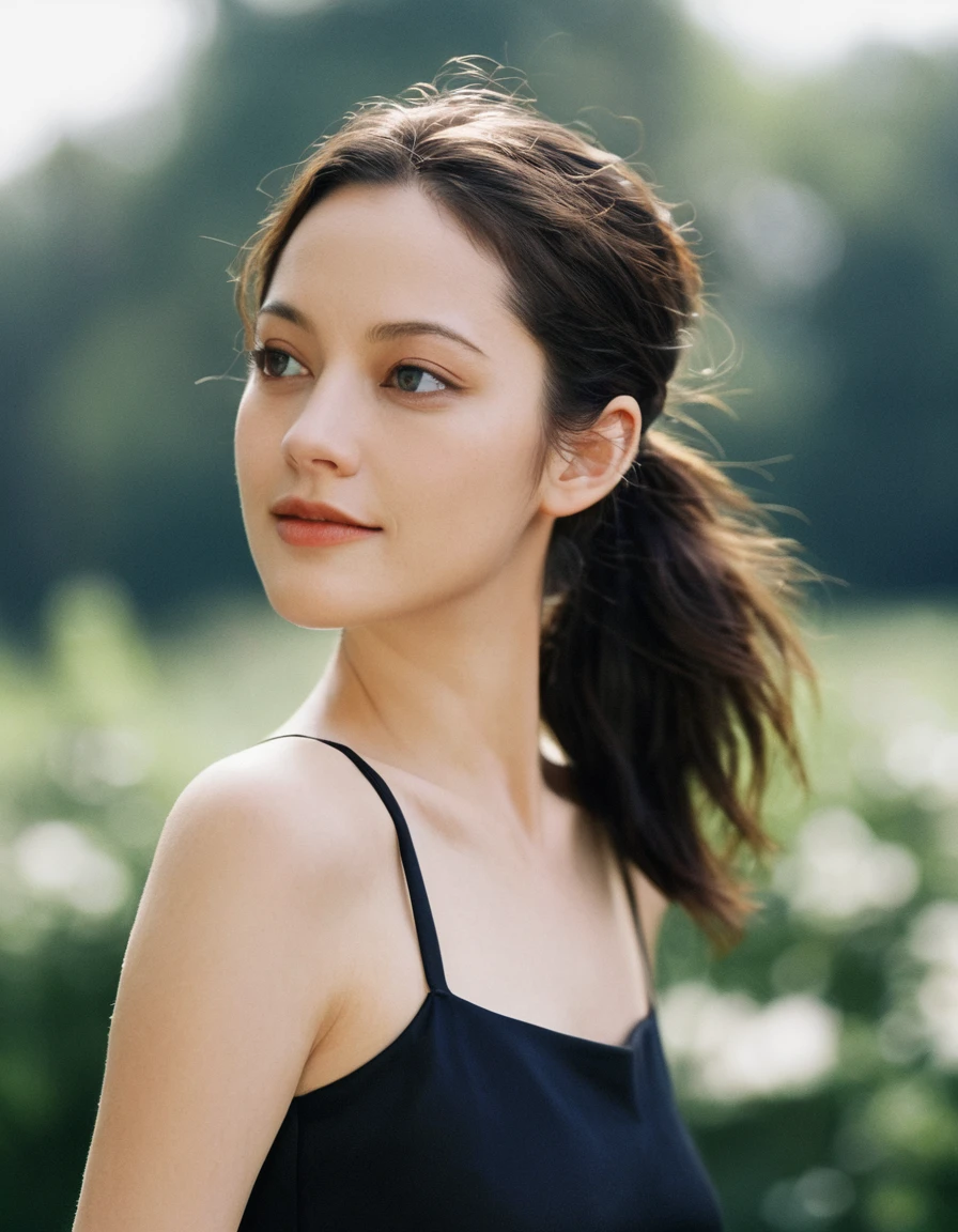 xxmixgirl, Upper body of a beautiful cute long face Japanese girl, happy smiling, still from the film, ((young Marion Cotillard face : 1.2)), ((young Anne Hathaway face: 1.0)), side shot, portrait photo of a cute 25 y.o woman, looks at viewer, full lips, natural skin, skin moles, stormy weather, (cinematic, film grain:1.1), ((asian winged eyes, very long and slender slim face, windy tousled, long straight black ponytail, cropped top)), Leica SL3, Summicron-SL 75mm ASPH, F/2, (cinematic still:1.2) Kodak Gold 200 film, bokeh, rim lighting, silhouette, shallowed depth of field, dynamic hands up,