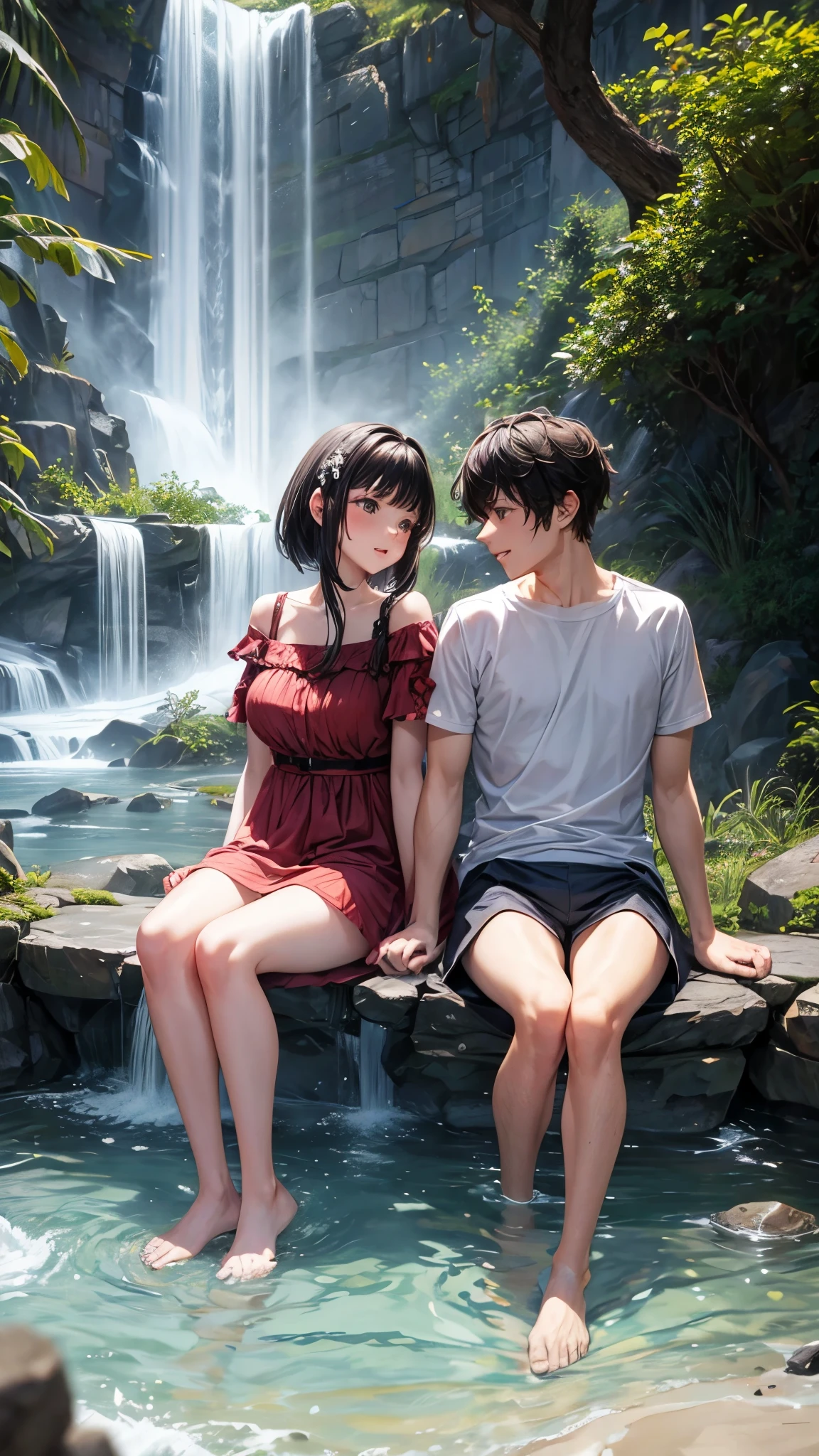 A couple is sitting under a waterfall. The couple is wearing short clothes. It is evening and they are also some animals.