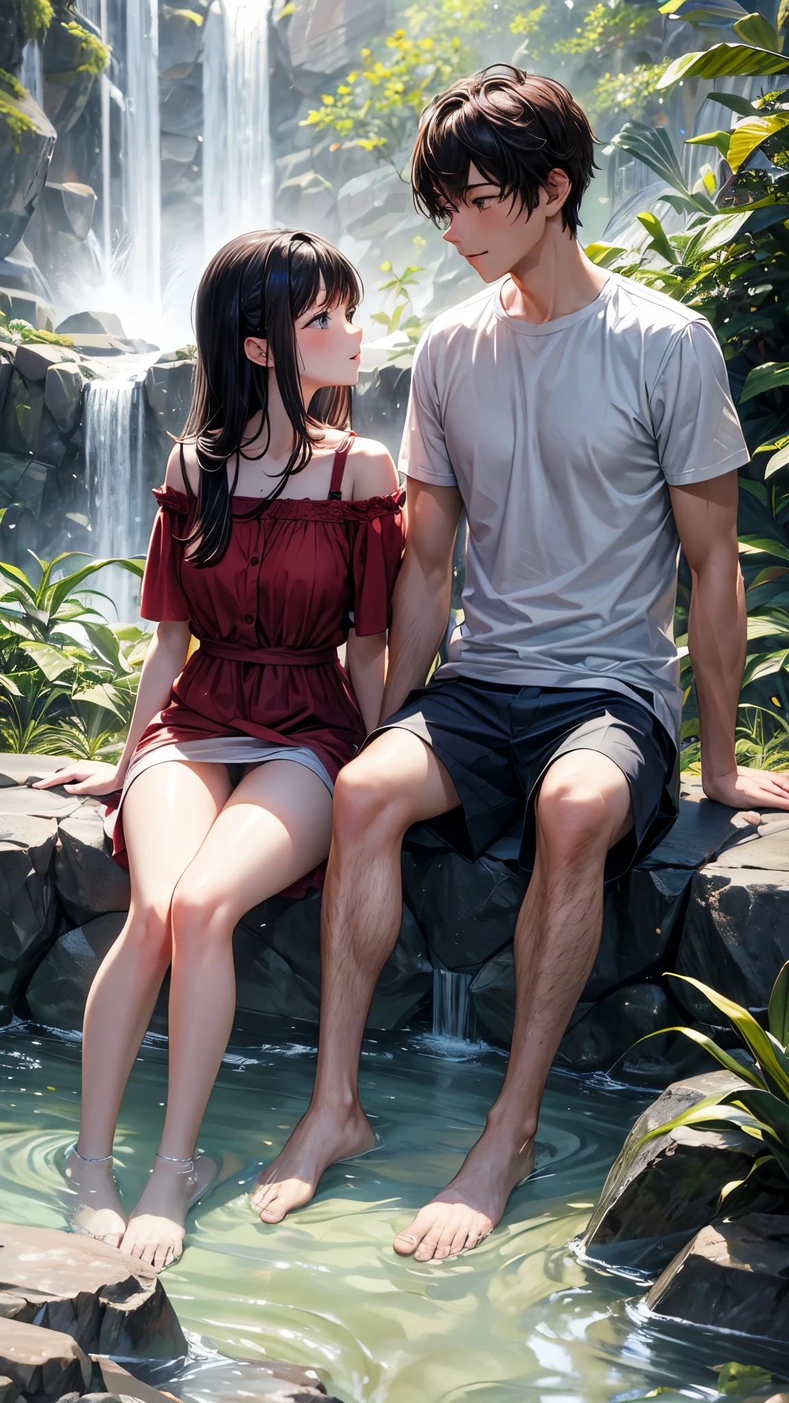 A couple is sitting under a waterfall. The couple is wearing short clothes. It is evening and they are also some animals.