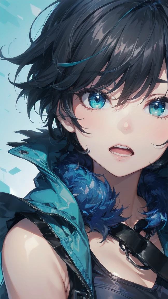 Close-up of a cartoon girl with blue hair and a yellow shirt, 2D Animation, 2D Animation style, 2D Art, 2D Art, 2D from Gorillaz, 2D from Gorillaz, 2D Gorillaz, Screaming Cerket, 2D Sprites, Jinx Face, short hair, Small breasts, hot pants, ((Black Hair, Bright blue fur inside:1.4))