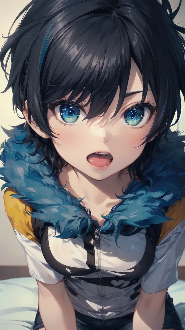 Close-up of a cartoon girl with blue hair and a yellow shirt, 2D Animation, 2D Animation style, 2D Art, 2D Art, 2D from Gorillaz, 2D from Gorillaz, 2D Gorillaz, Screaming Cerket, 2D Sprites, Jinx Face, short hair, Small breasts, hot pants, ((Black Hair, Bright blue fur inside:1.4))