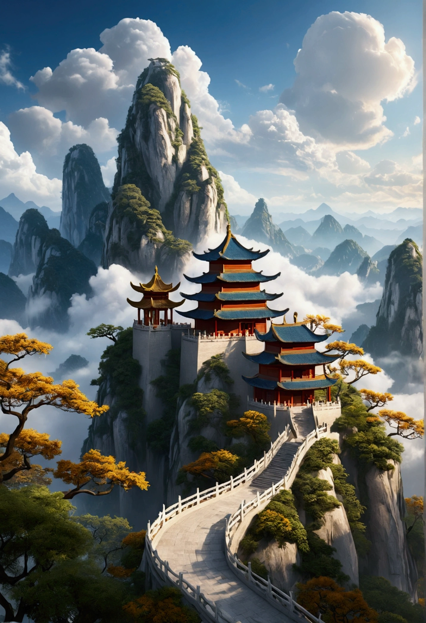 Chinese scenery, Mountain, Rios, Auspicious Clouds, sunshine, put up, Super Detail, Epic creation, Ultra HD |, high quality, Very detailed, Official Art, Unity 8k wallpaper, Super Detail, 32k -- 6 people