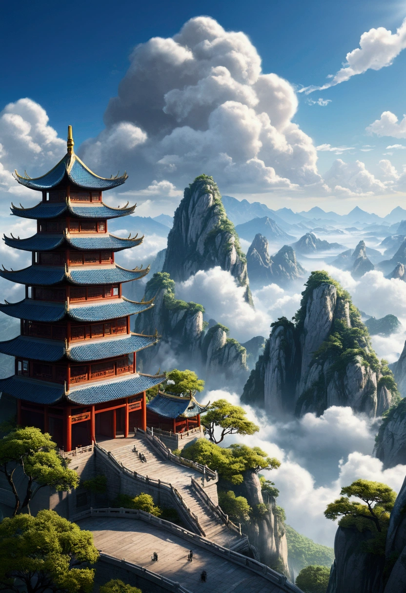 Chinese scenery, Mountain, Rios, Auspicious Clouds, sunshine, put up, Super Detail, Epic creation, Ultra HD |, high quality, Very detailed, Official Art, Unity 8k wallpaper, Super Detail, 32k -- 6 people