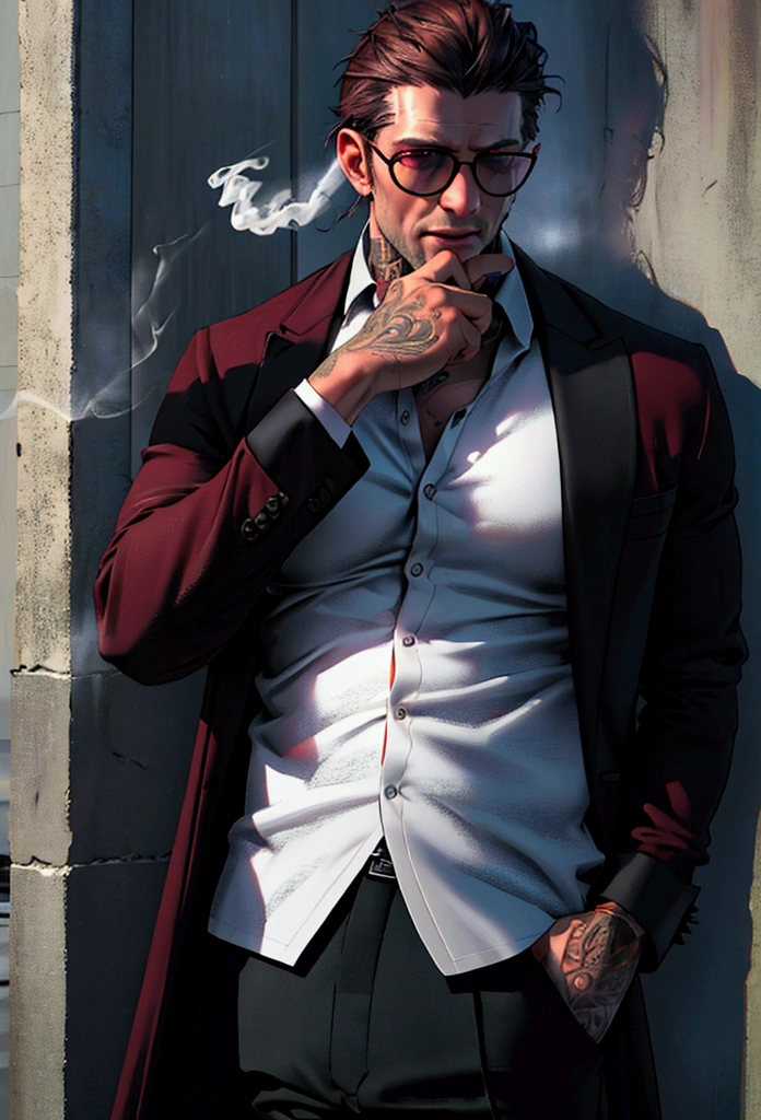 1 boy, smoking, tattooed arms, button up long sleeve shirt revealing pecs, wearing sunglasses, cold, wearing a suit coat, (best quality,4k,8k,highres,masterpiece:1.2),ultra-detailed,(realistic,photorealistic,photo-realistic:1.37),maroon coat,moody lighting,dramatic shadows,realistic 3d rendering,high fashion editorial,award winning photograph,cinematic composition