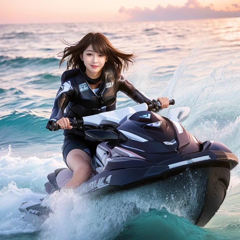 Photo-realistic quality、woman ライディング a jet ski on a wave in the ocean, Beautiful 18 year old Japanese idol,  Riding the wind and waves,  Speed across the ocean on a jet ski,looking at the camera、Detailed and beautiful eyes、Cute smile、A soft and gentle look