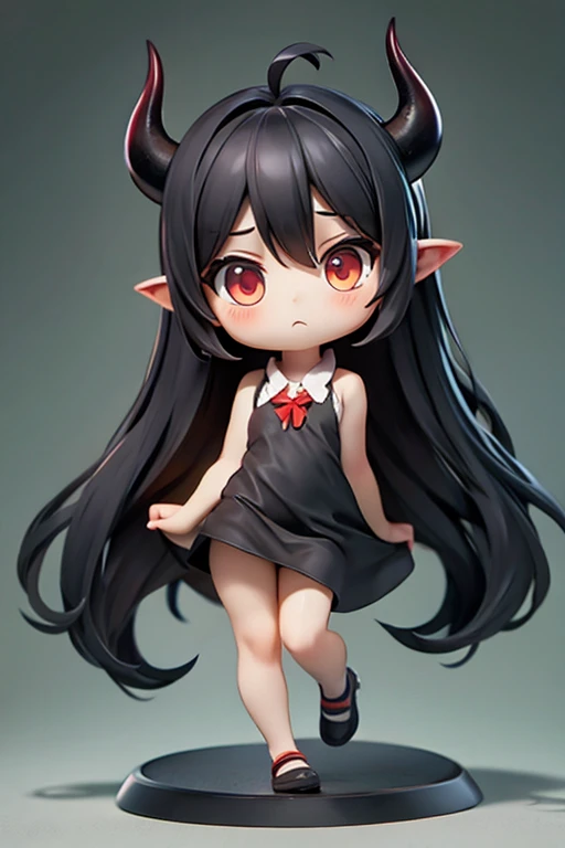 Young Girl,,Wearing a one-piece dress,Mini character,Red eyes,Black Hair,Long Hair,Dark atmosphere,Deformed character,Horns growing,Ahoge,Pale skin,eyes are half closed,Troubled face
