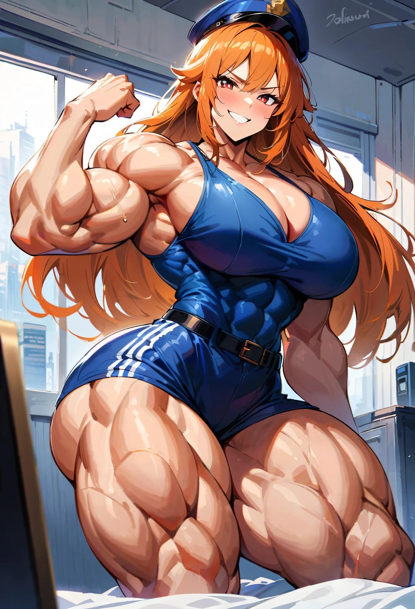 ((best quality)), ((masterpiece)), (detailed), (perfect anatomy), (exquisite clothing); Bedroom; 1girl, tall girl, solo, flexing biceps; Perfect face, orange hair, very long hair, fanged bangs, sidelocks, cheek blush, red eyes, black pupils, proud, confident, smug grin; (Muscular:3.9), pumped up, (muscular veins), deltoids, trapezius, huge breasts, biceps, triceps, abs, obliques, long waist, wide hips, glutes, (muscular thighs:1.8), quads, lats, hamstrings; police woman, police girl, police_uniform