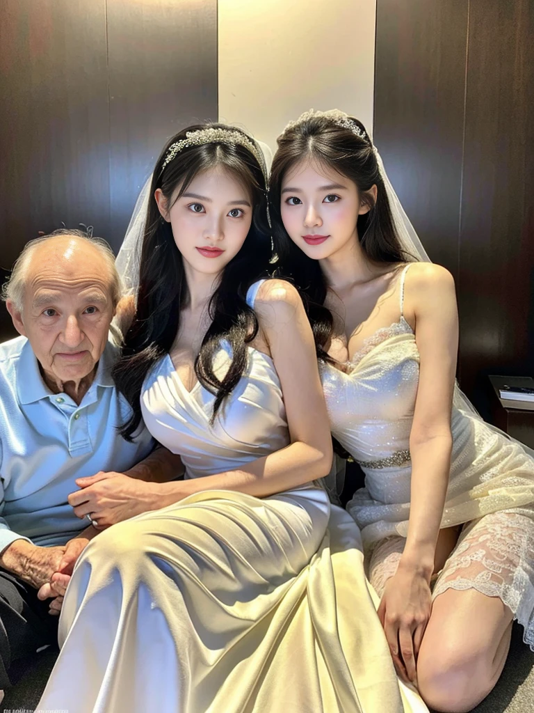 (A super cute Korean high school girl in a wedding dress snuggles up to her elderly grandfather for a family photo:1.2)(A carefree smile:1.1)(Beautiful Sweat:1.1)(16K, RAW Photos, Highest quality, masterpiece: 1.2),(Shiny black hair) Super detailed, Super Resolution, (Genuine, Genuine photos: 1.37), Portraiture, High-resolution RAW color photos, Professional photos, Very detailed, 8k wallpaper, Very detailed CG Unity 8k wallpaper, Very detailed beautiful girls, Very detailed faces, ((whole body)), beautiful woman, Huge breasts,(huge boobs:1.1) (Big Boobs:1.1),high school girl, Korean Girls,(K-POP Female Idols), (Idol-class beauty)(Beautiful high school girl:1.1)(church)(18-year-old)(Wedding dress:1.1),(Family group photo)(Wedding family waiting room)