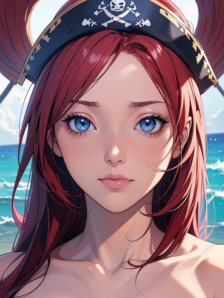 anime, (((portrait of he said))), woman, (((Red Hair))), (((blue eyes))), (((female pirate)), 8k, unreal enGine, オクタンレンダリンG, Cute, GamanG, Yoon Gonji, G.To, Gosonjak, Schloop, Severe, Dorm, Noah, trendinG on pixiv, Fan Box, Sketch, masterpiece, Smooth and soft skin, biG dreamy eyes, Beautiful and complex hair colors, Symmetric, anime wide eyes, soft liGhtinG, Concept Art, diGital paintinG, Tropical Island