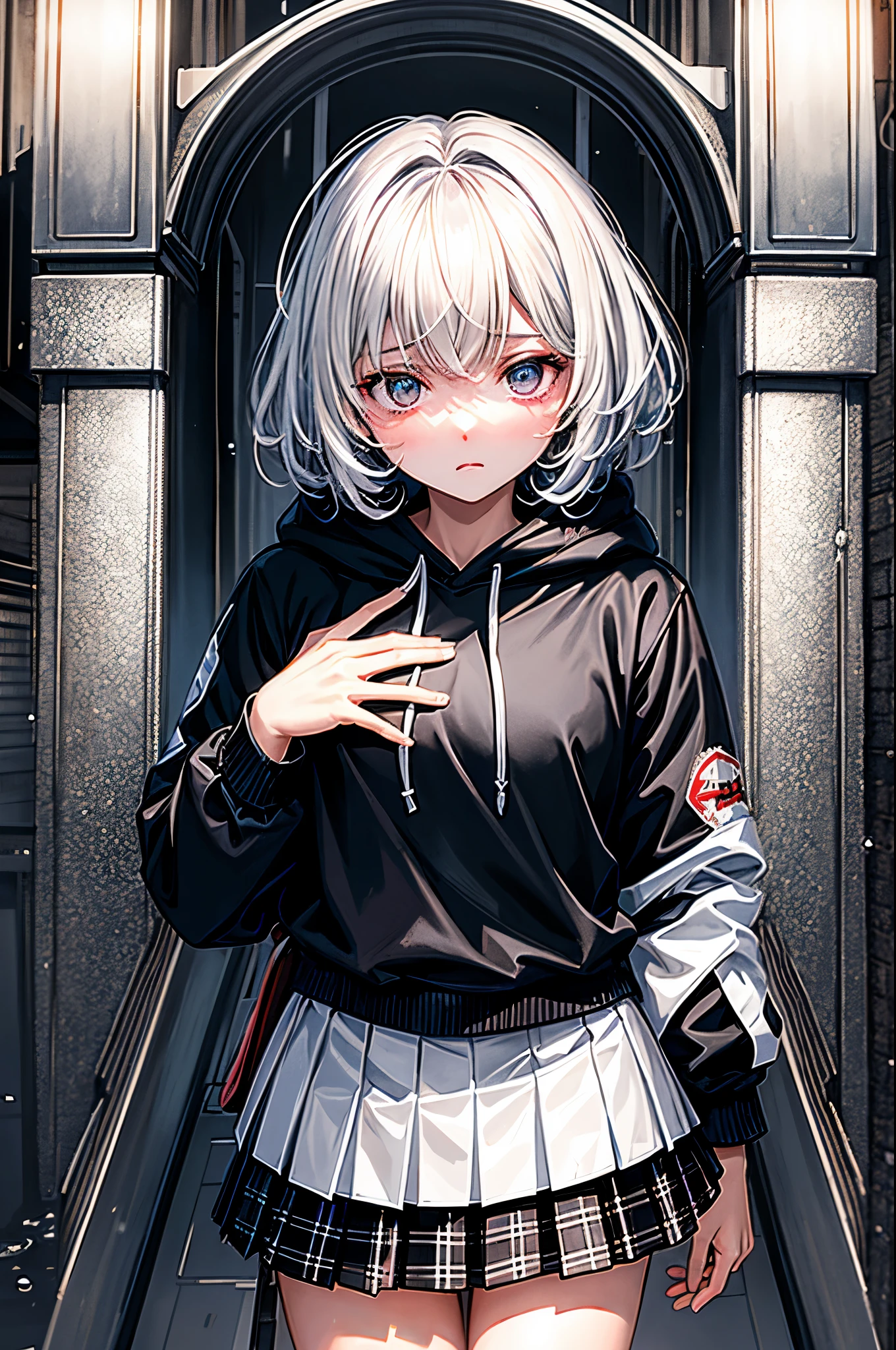 (tmasterpiece,best qualtiy:1.3),extremly high detail,complex,8k,独奏,Clear eyes,The expression is sad,the wallpaper,cinmatic lighting,hoody, Short pleated skirt, the street, exteriors,heavy rain, neonlight