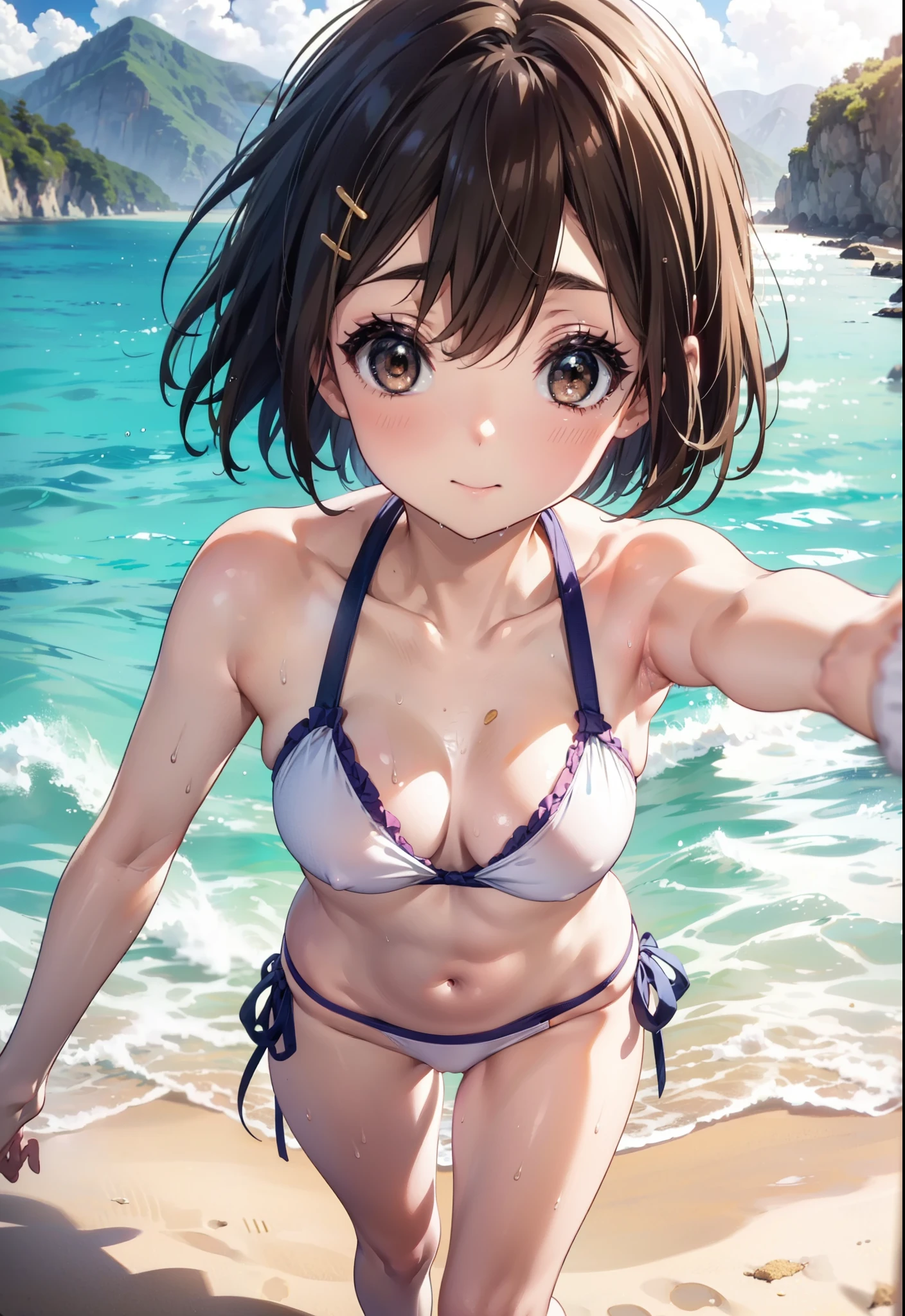 yuihirasawa, Yui Hirasawa, short hair, Brown Hair, hair ornaments, (Brown eyes:1.5), Hair Clip,smile,blush,White Bikini Swimsuit,barefoot,Wet Skin,Wet Hair,Wet swimsuit,sunset,evening,The sun is setting,Strolling on the sandy beach,whole bodyがイラストに入るように,
break oitdoors, Beach,
break looking at viewer, whole body,
break (masterpiece:1.2), Highest quality, High resolution, unity 8k wallpaper, (figure:0.8), (Beautiful attention to detail:1.6), Highly detailed face, Perfect lighting, Highly detailed CG, (Perfect hands, Perfect Anatomy),