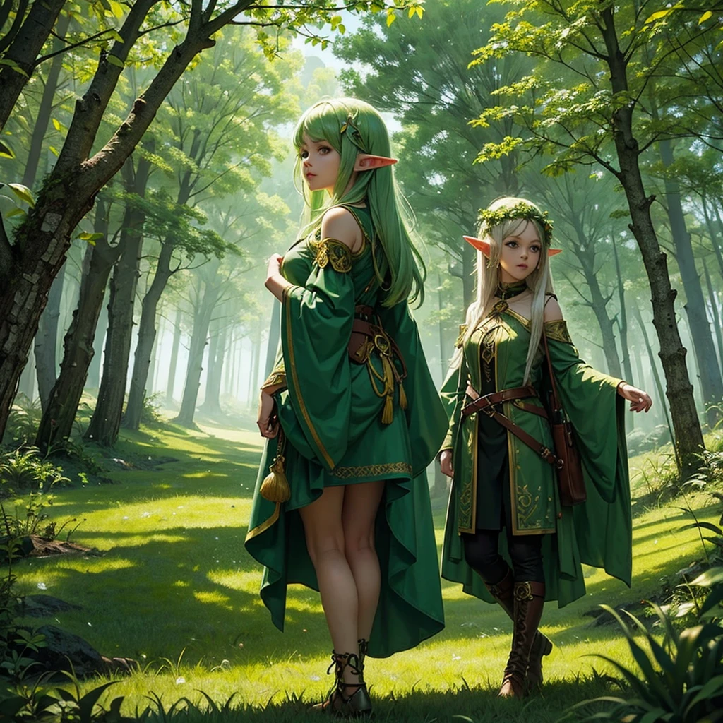 Girl elf-druid, green forest background